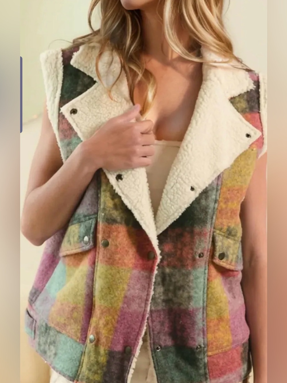 NWT Double Take Plaid Fleece Snap-Down Vest Coat with Pockets Medium